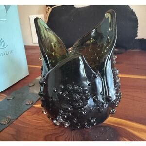 Partylite Tulip Green Glass Embossed Votive Candle Holder 4" Nature's Garden